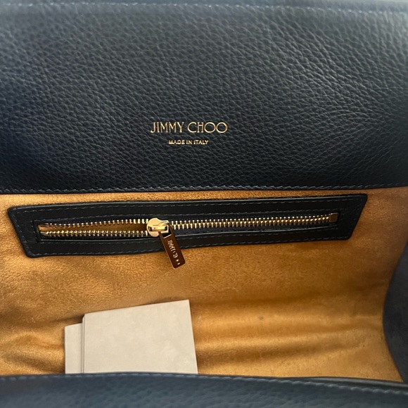 Jimmy Choo Navy Denim Tan Suede Mini Small Top Handle Bag Gold with Strap Loops - Picture 3 of 4